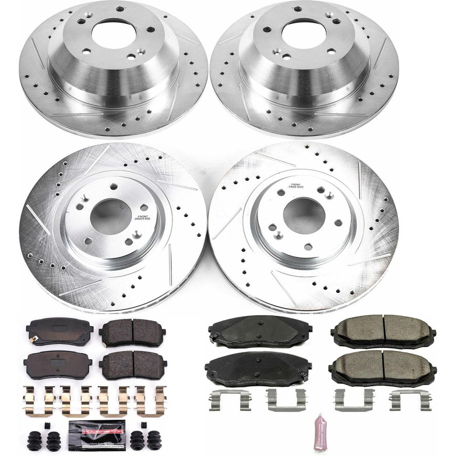 Power Stop K7286 Z23 Carbon Fiber Brake Pads Front and Rear with Drilled & Slotted Brake Rotors Kit For Kia Sedona 2015-2021 [Model Specific]