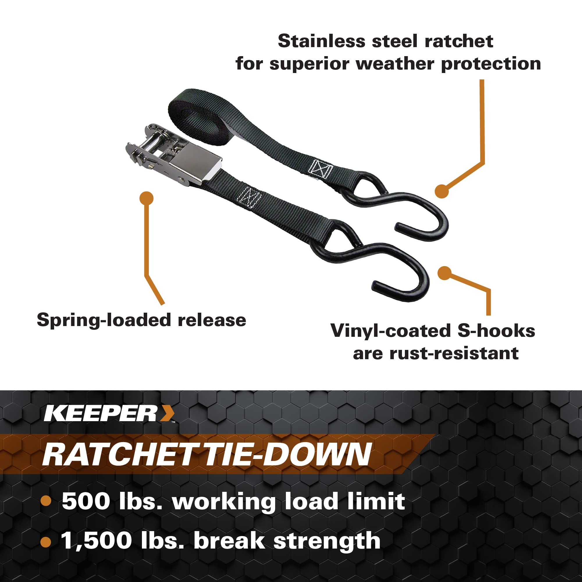 1" x 8' Stainless Steel Ratchet Tie-Down Keeper Koastal With Vinyl S-Hooks - 500 lbs. Working Load Limit And 1,500 lbs. Break Strength