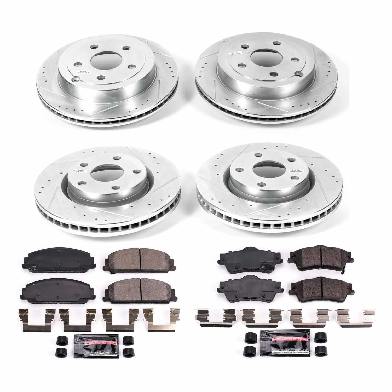Power Stop K5527 Z23 Carbon Fiber Brake Pads Front and Rear with Drilled & Slotted Brake Rotors Kit For Pontiac G8 2008-2009 [Model Specific]