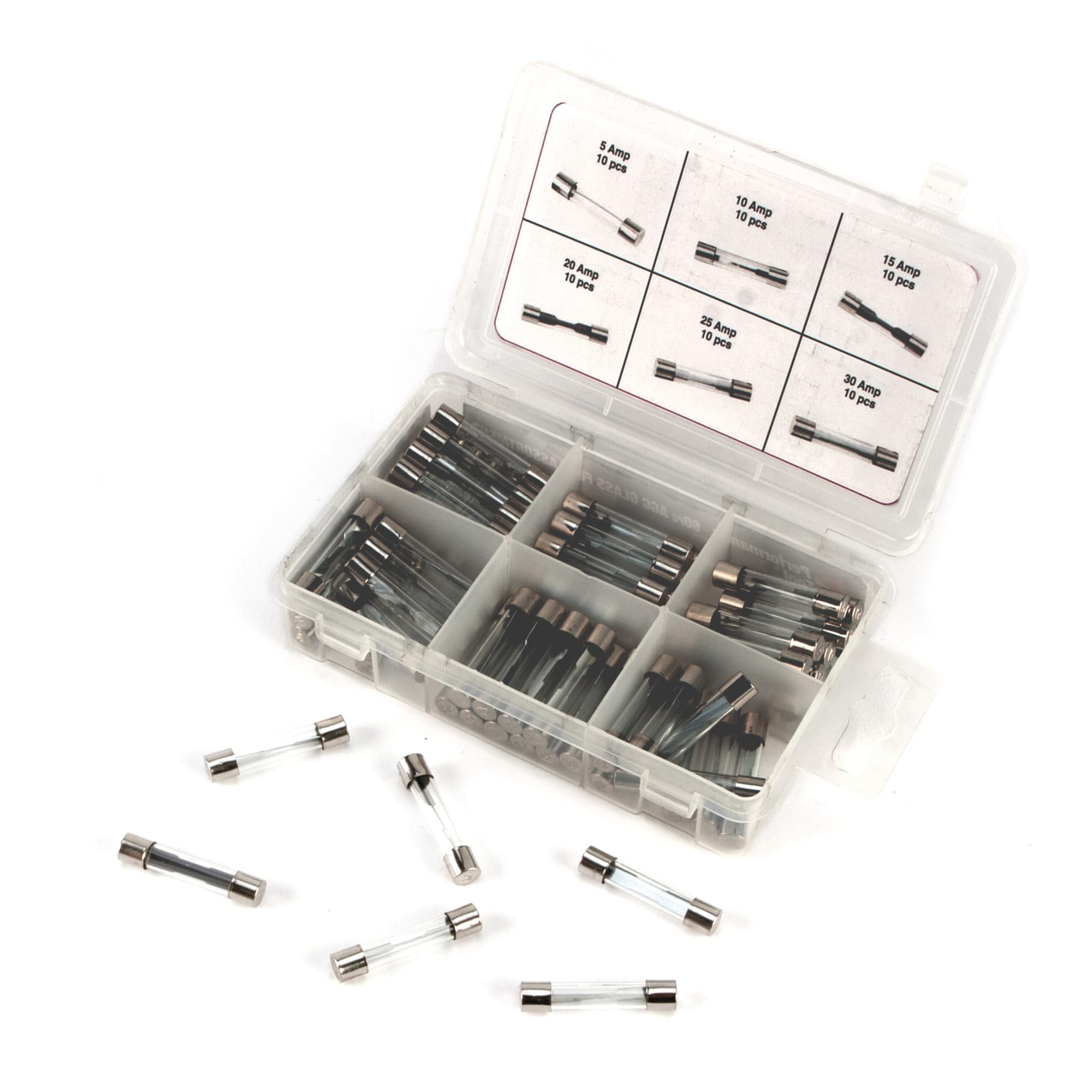 W5375 Performance Tool 60pc AGC Glass Fuse Assortment (5A, 10A, 15A, 20A, 25A, and 30A) in a Clear Plastic Case