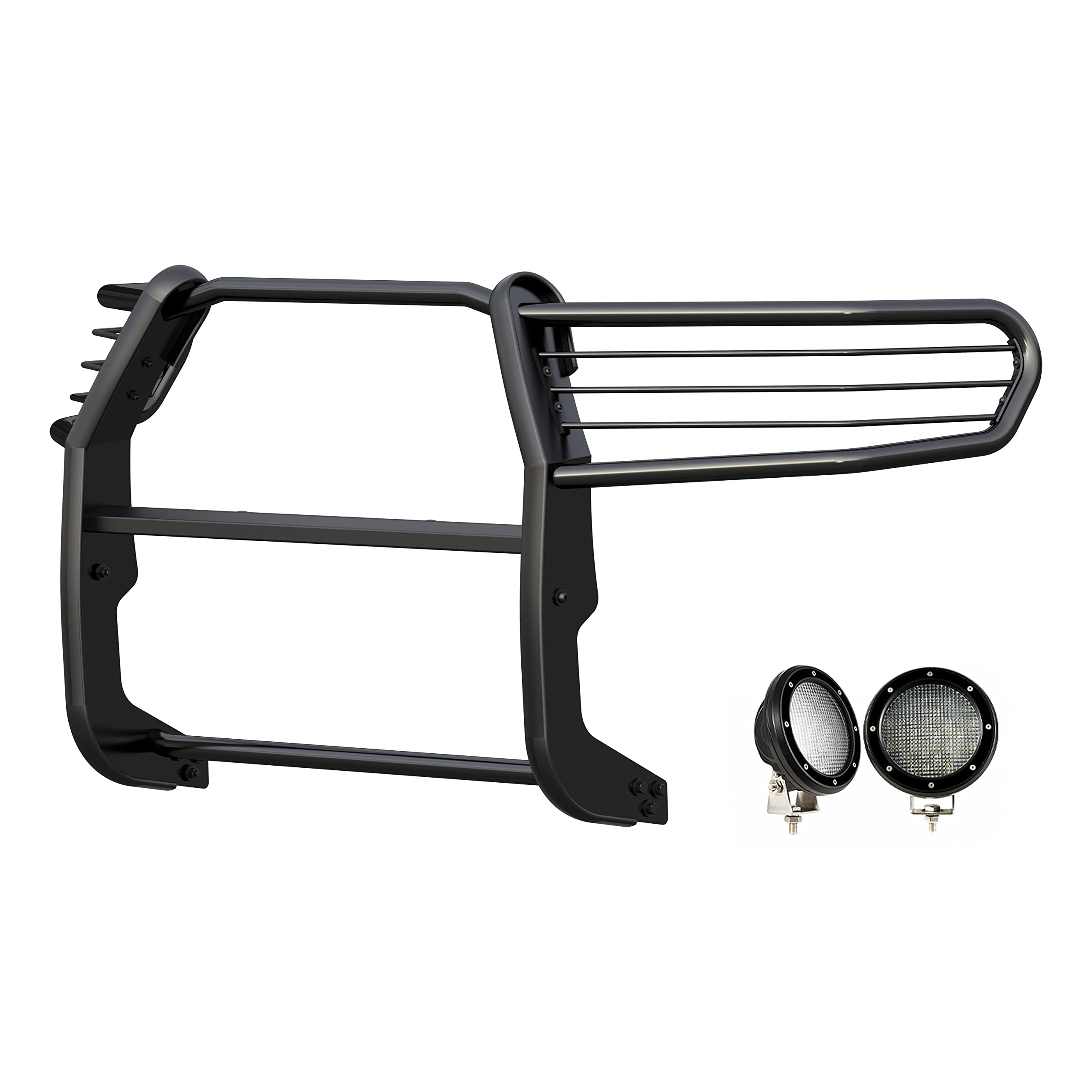 Bumper Guard Black Horse Grille Brush Modular Black Come with Pair of 5.3" Dia.LED Lights with Black Trim Rings Compatible with 2016-2023 Toyota Tacoma-17A096402MA-PLFB