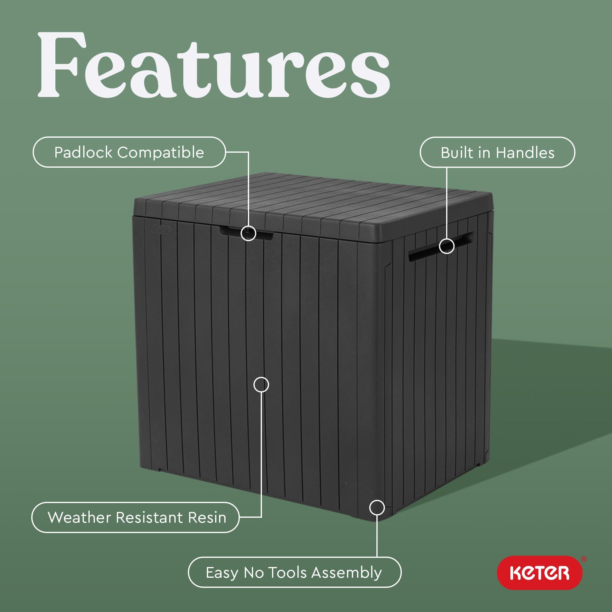 Keter 30 Gallon Resin Outdoor Storage Box and Patio Furniture Side Table for Pool and Garden Accessories, Dark Grey
