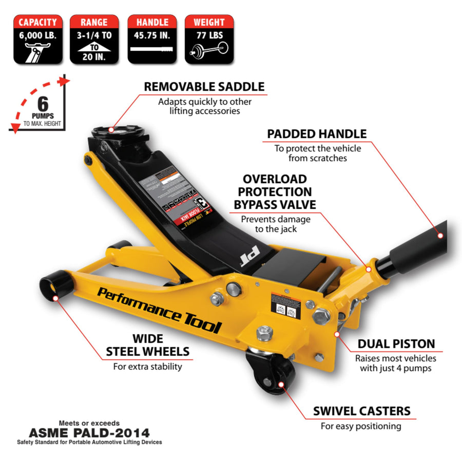 3 Ton Performance Tool W1626 Low Profile Rapid Lift Floor Jack (3-1/4 to 20-Inch Lift Range)