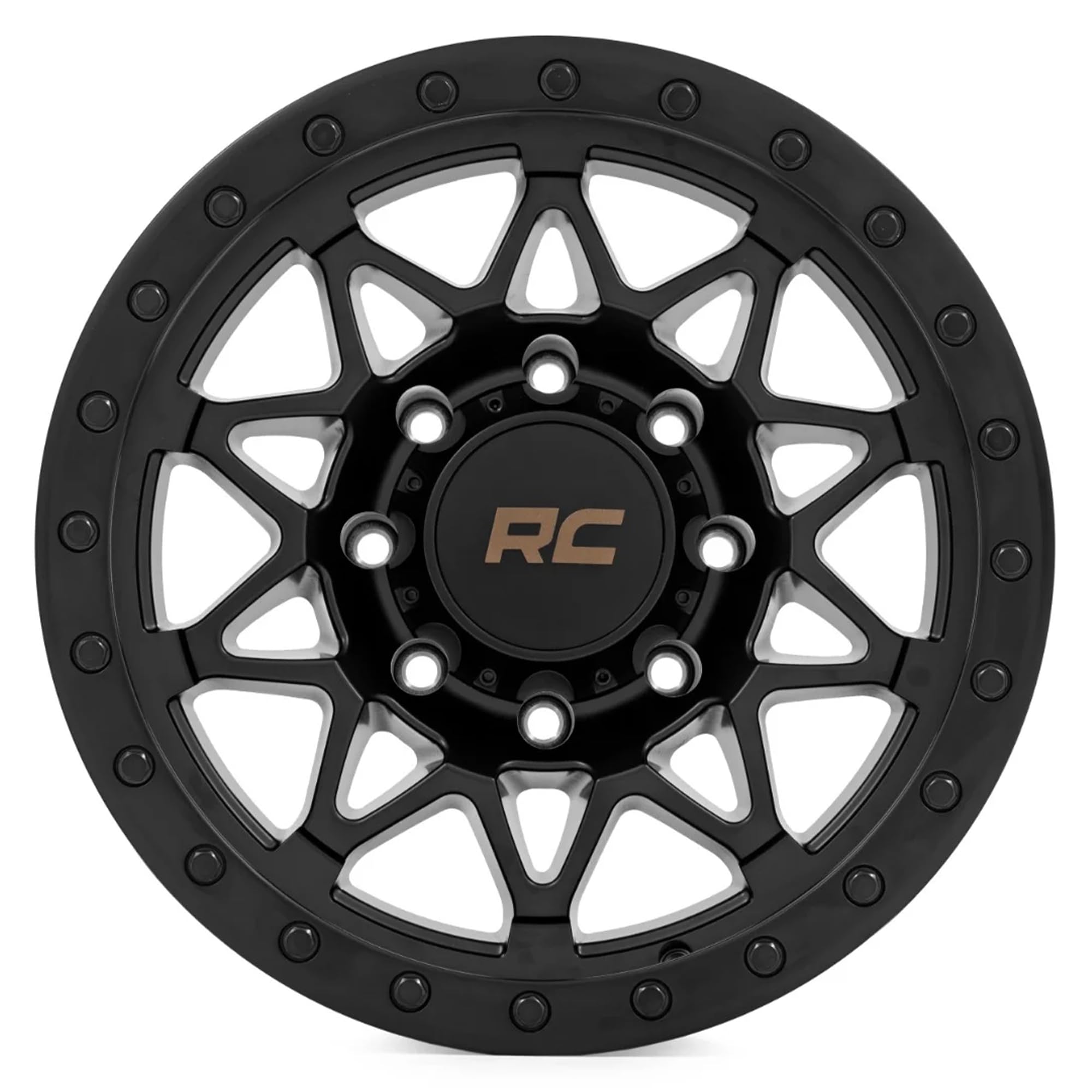 78 Series Rough Country One Piece Aluminum Wheel with Simulated Beadlock - 17x8.5, 5x5" Bolt Pattern, +0mm Offset, Rugged 10-Spoke Design, Semi Gloss Black