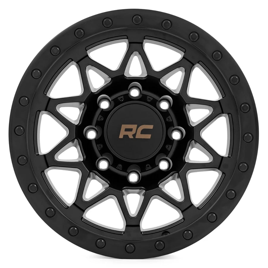 78 Series Rough Country Aluminum Wheel with Simulated Beadlock - 18x9, 8x170mm Bolt Pattern, +0mm Offset, Rugged 10-Spoke Design, Semi Gloss Black
