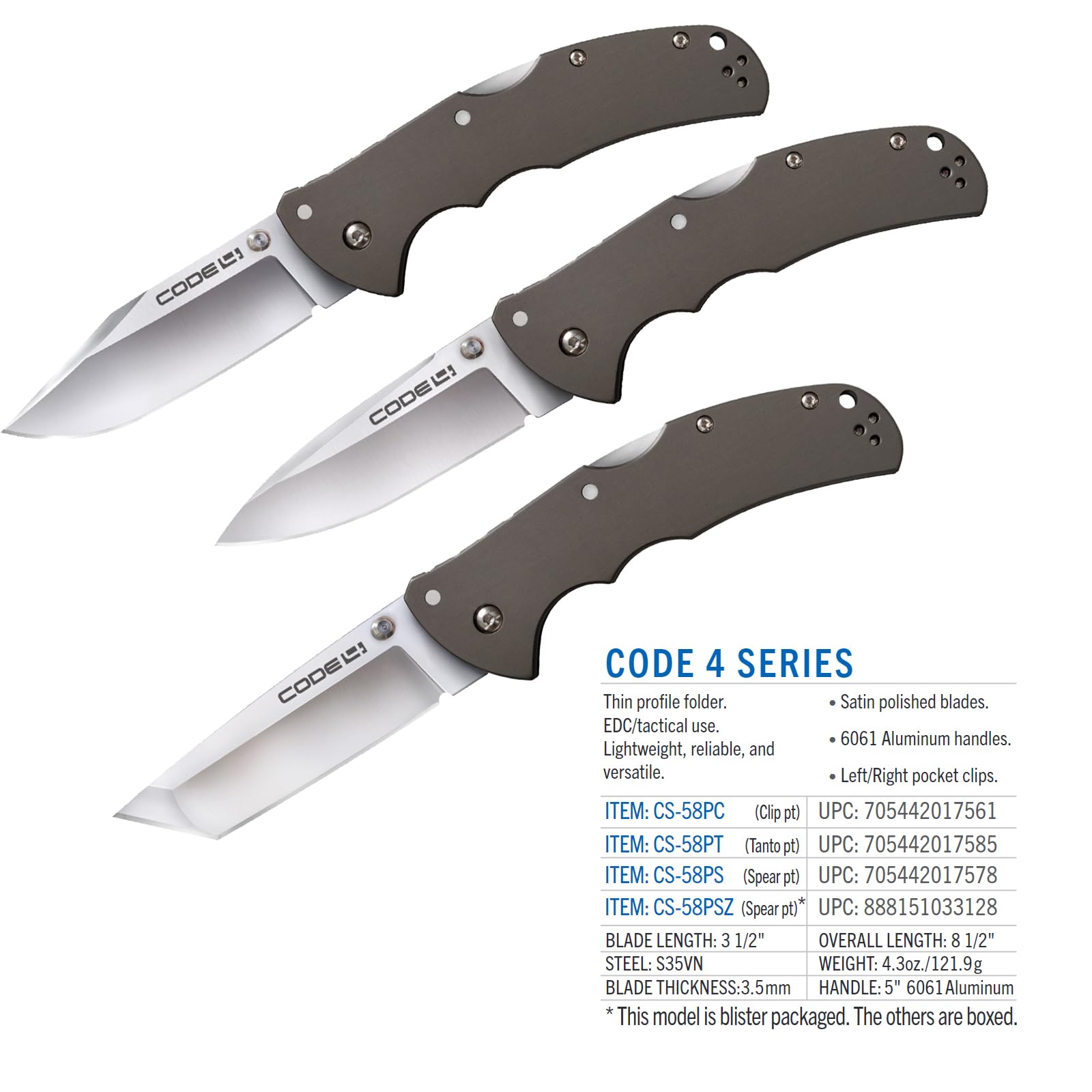 Cold Steel 3.5" Code 4 S35VN Razor-Sharp Spear Point Blade 5" Aluminum Handle Folding Knife w/Tri-Ad Lock, Boxed