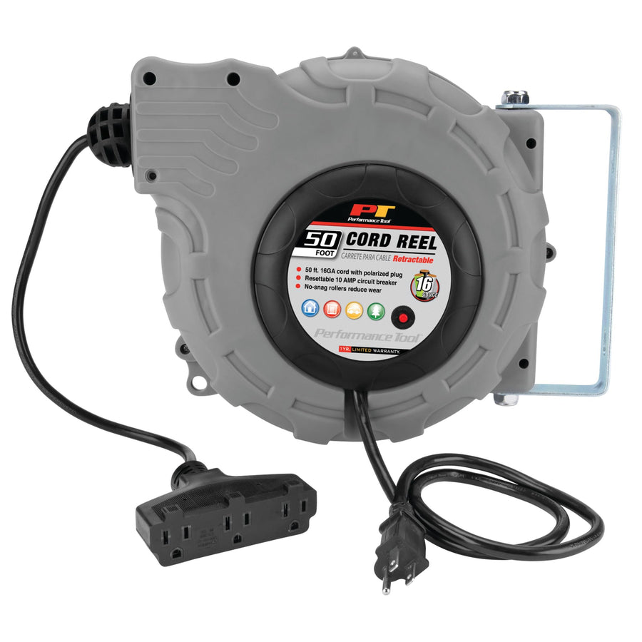 W2273 Performance Tool 50ft 16 Gauge, Retractable Cord Reel with Guided Return - Install On Ceiling, Wall, Floor, or Workbench