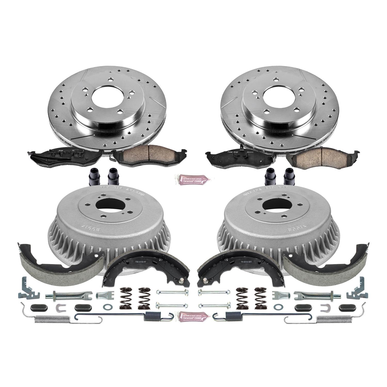 Power Stop K15131DK Z23 Carbon Fiber Brake Pads Front and Rear with Drilled & Slotted Brake Drums Kit For Mercury Villager 1993-2002, Nissan Quest 1993-2002 [Model Specific]
