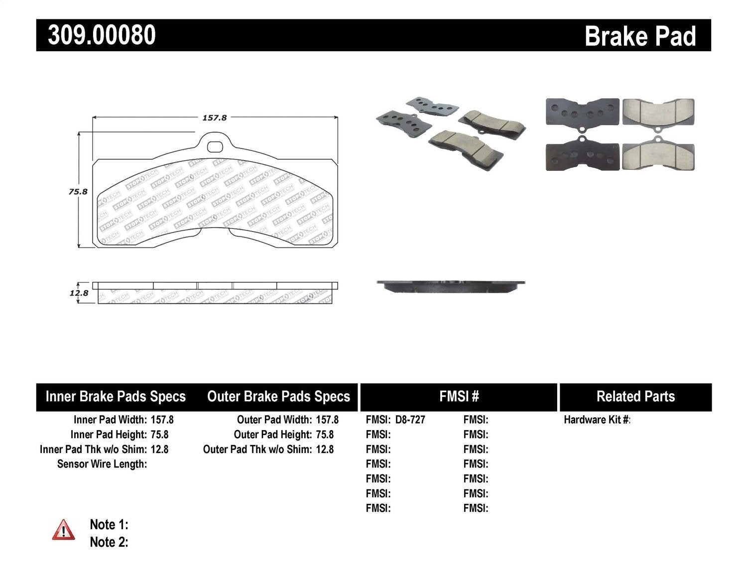 Sport Brake Pads StopTech 309.00080 with Shims and Hardware