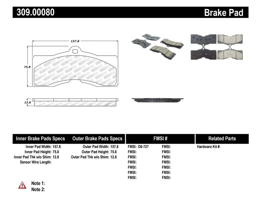 Sport Brake Pads StopTech 309.00080 with Shims and Hardware