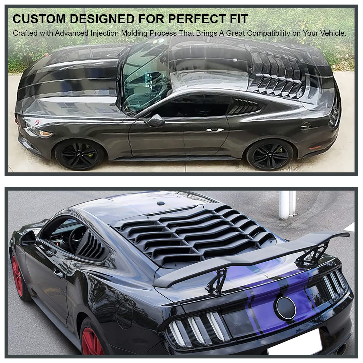 Quarter 1/4 Side Window Louver Cover ABS Glossy Black Compatible with SPEC-D TUNING 2015-2018 Ford Mustang