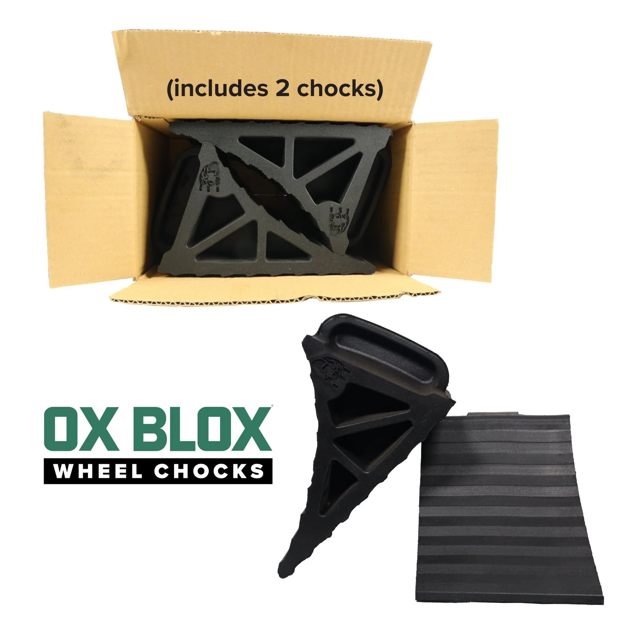 Heavy Duty EKON OX BLOX Wheel Chocks with Handle 2-Pack - Wide 6" Footprint with Grooves to Prevent Tires from Slipping - Campers, Trailers & RV Wheel Chocks - 100% Recycled Rubber Wheel Chocks