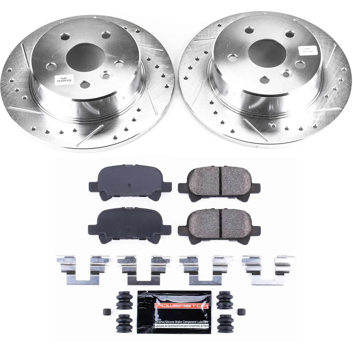Power Stop K2322 Z23 Carbon Fiber Brake Pads Rear with Drilled & Slotted Brake Rotors Kit For Toyota Avalon 2000-2004 [Model Specific]