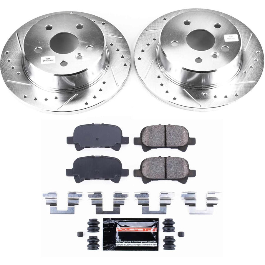 Power Stop K2322 Z23 Carbon Fiber Brake Pads Rear with Drilled & Slotted Brake Rotors Kit For Toyota Avalon 2000-2004 [Model Specific]