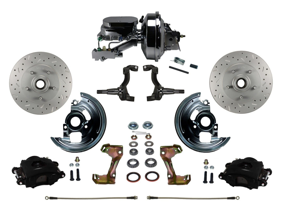 Power Front Disc Brake Kit LEED BRAKES Drilled And Slotted Rotors, Black Powder Coated Calipers With 9" Booster Disc/Drum