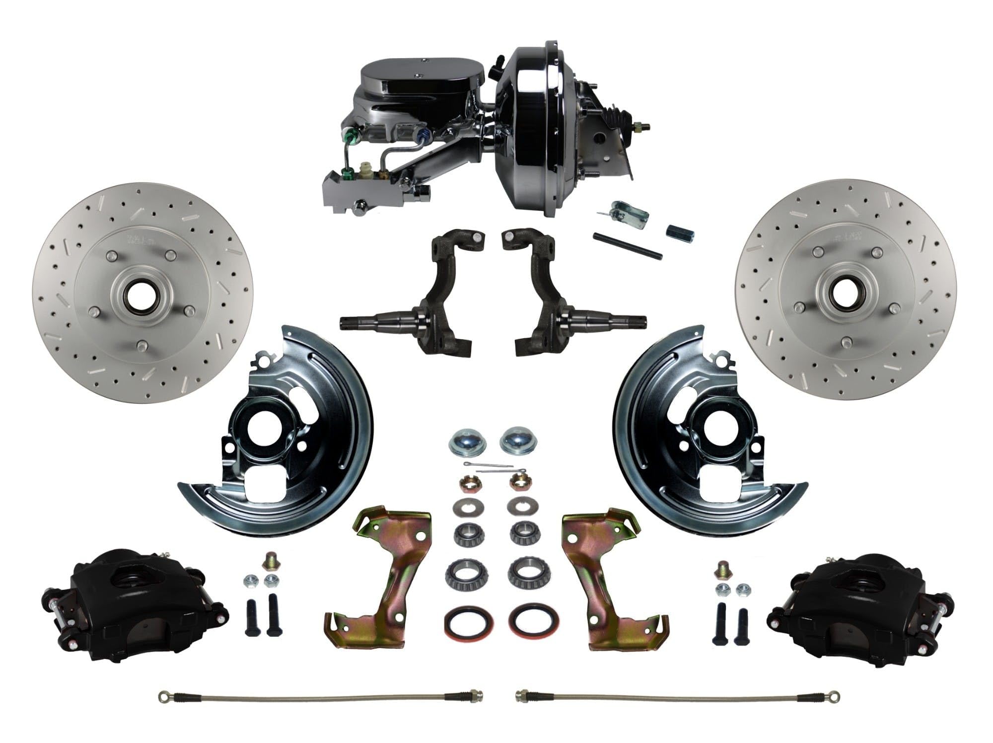 Power Front Disc Brake Kit LEED BRAKES Drilled And Slotted Rotors, Black Powder Coated Calipers With 9" Booster Disc/Disc