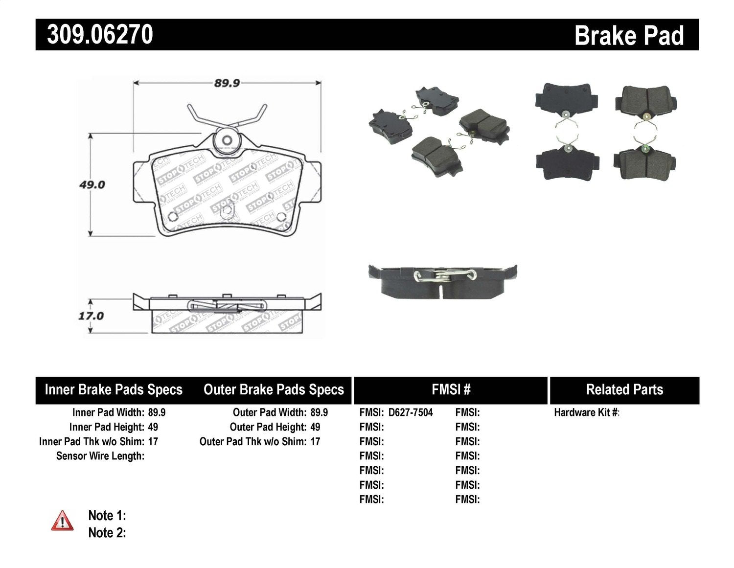 Sport Brake Pads StopTech 309.06270 with Shims and Hardware