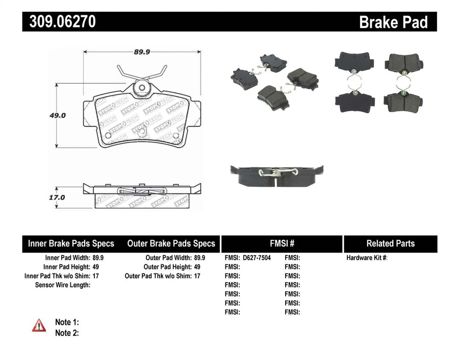 Sport Brake Pads StopTech 309.06270 with Shims and Hardware