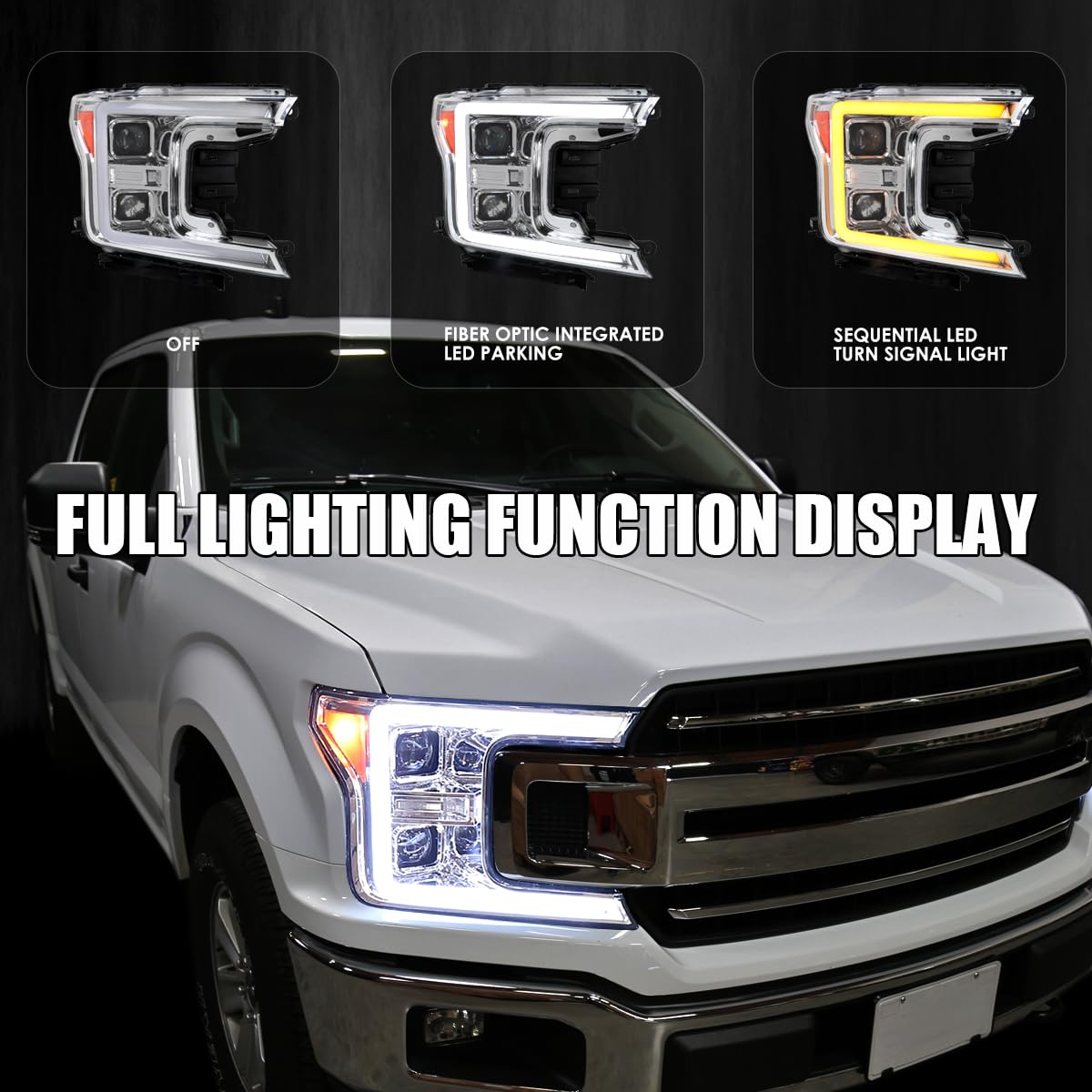 Chrome Sequential Switchback Projector Headlights SPEC-D TUNING w/LED Light Bar Compatible with 2018-2020 Ford F-150, Left + Right Pair Headlamps Assembly