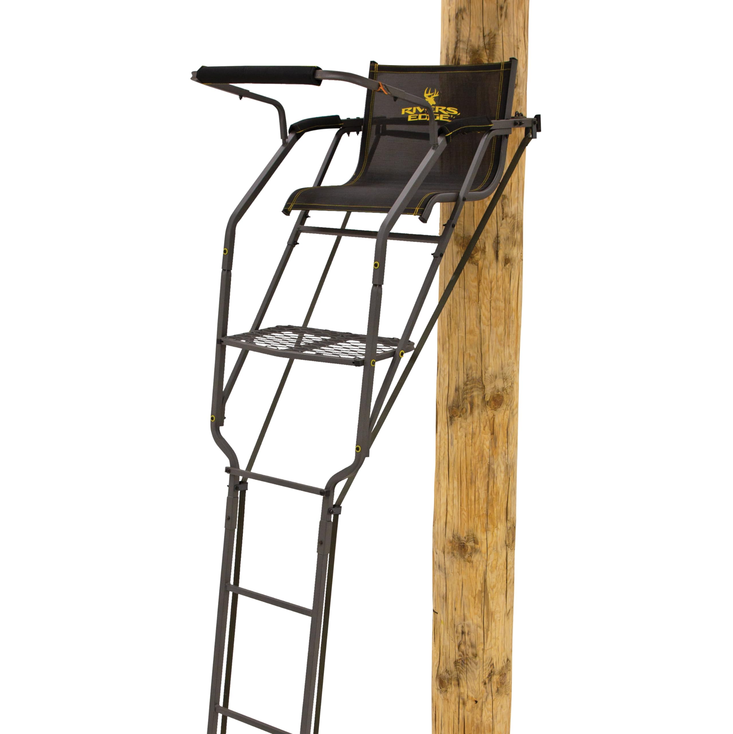 Relax Wide™ LS 1-Man Ladder Stand, Rivers Edge® 16’9” Height, Lockdown™ Strapping System, Wide TearTuff™ Mesh Seat, 23” Wide Platform, Removable Padded Shooting Rail, RE672