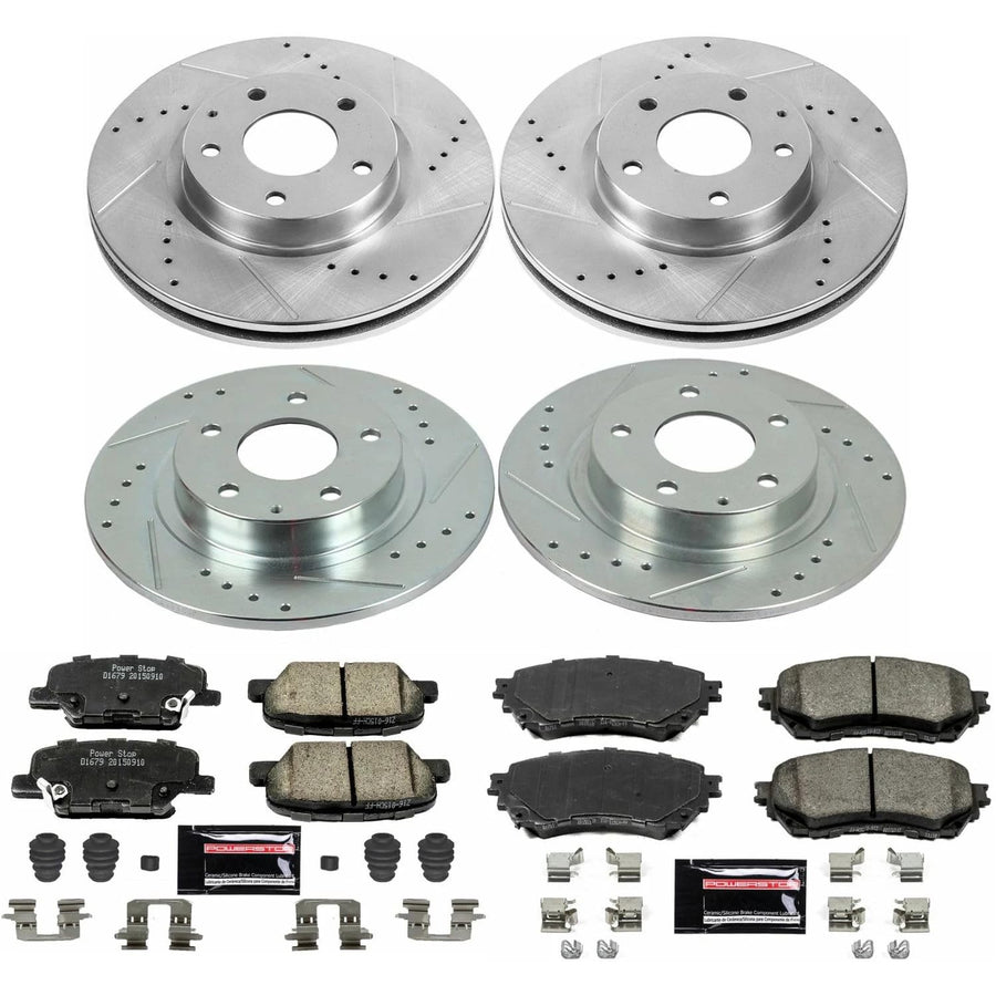 Power Stop K6966 Z23 Carbon Fiber Brake Pads Front and Rear with Drilled and Slotted Brake Rotors Kit For 2014 2015 Mazda 6