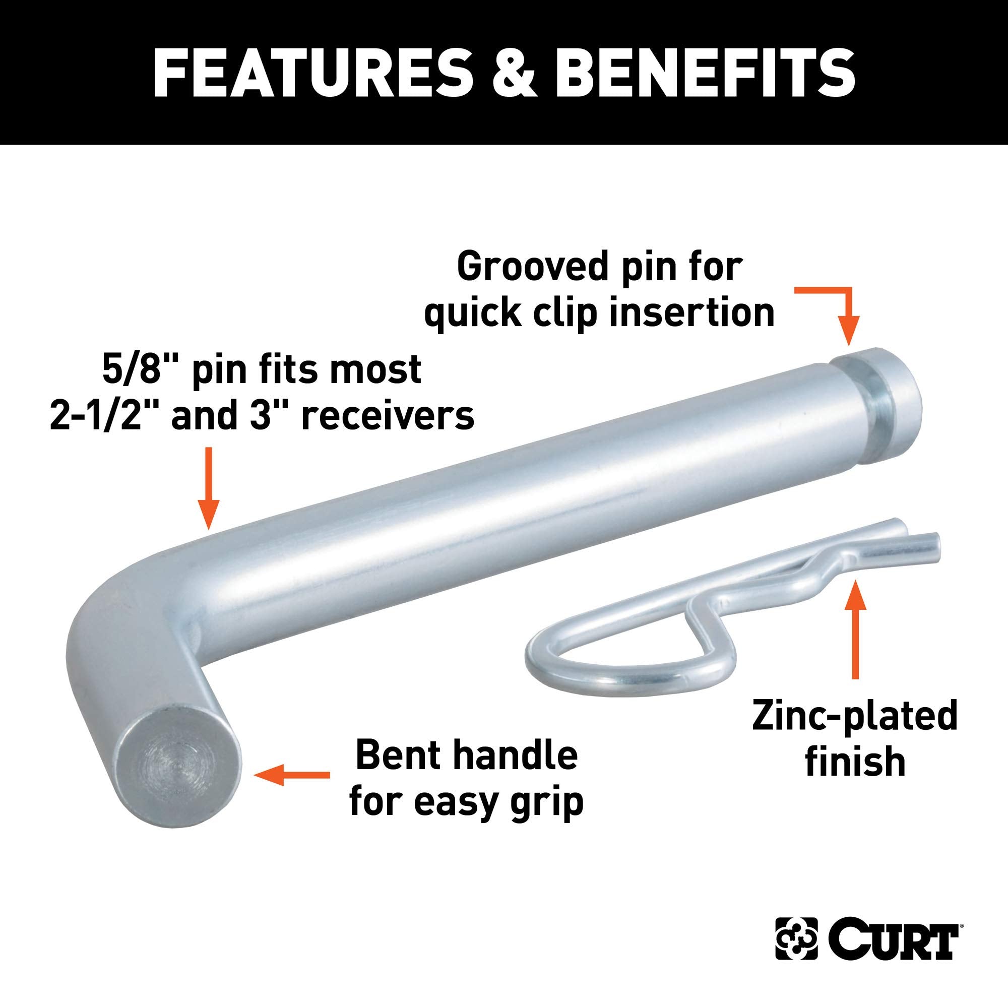 CURT Heavy-Duty 21506 Trailer Hitch Pin & Clip with Grooved Head, 5/8-Inch Diameter, Fits 2-1/2 or 3-Inch Receiver
