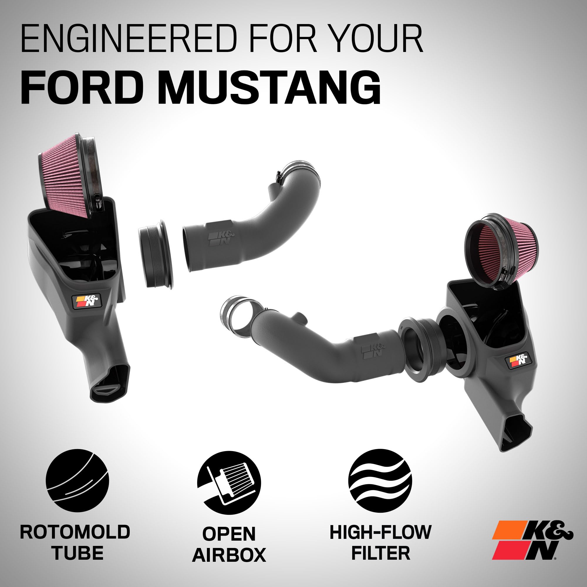 Cold Air Intake System K&N: High-Flow Air Filter, Increase Performance & Acceleration: Compatible with 2024-2025 Ford: Mustang, 63-2626