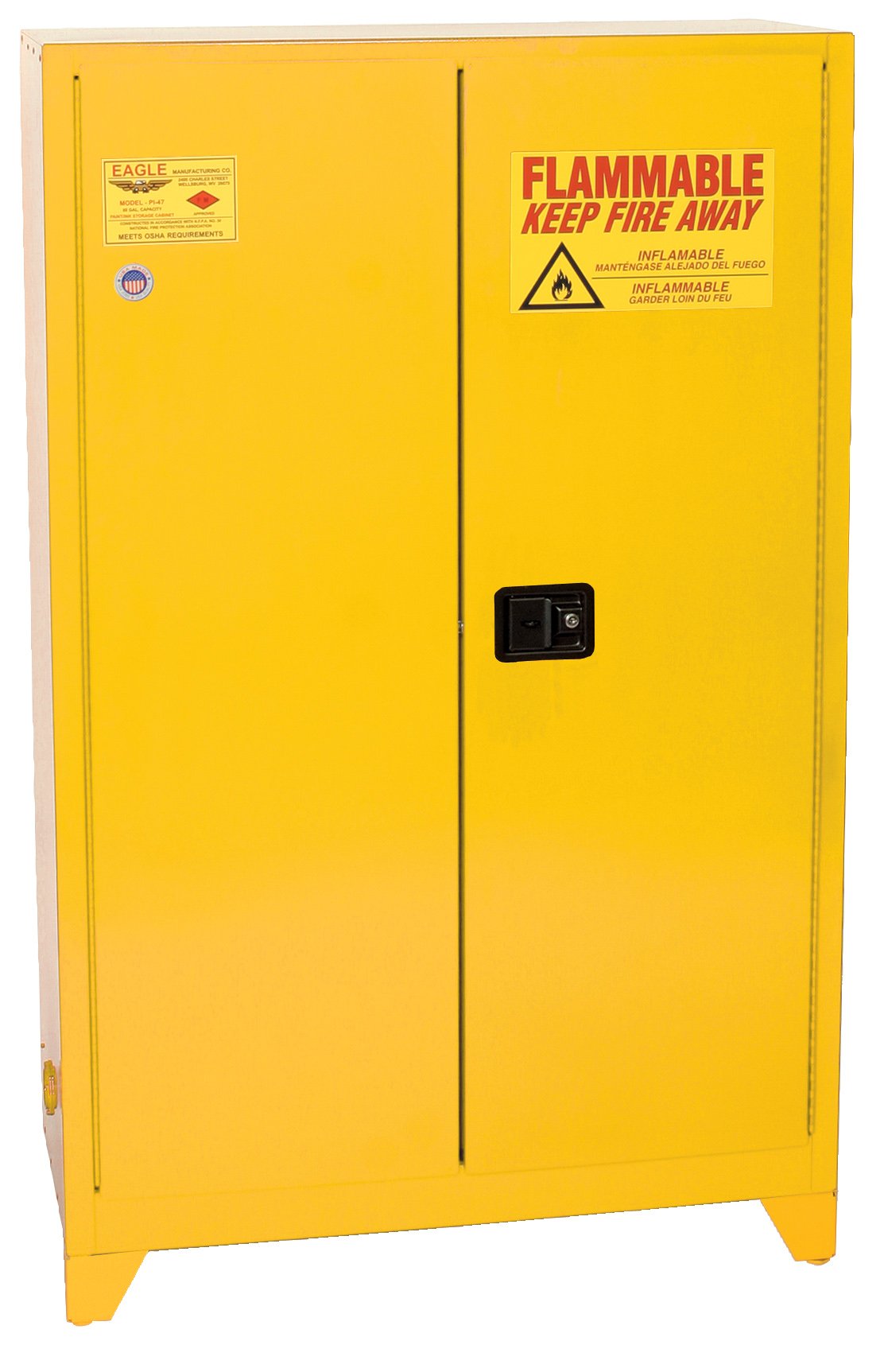 60 Gallon Eagle Paint and Ink Safety Cabinet, 2 Manual Close Doors, 5 Shelves, 18 Guage Galvanized Steel, 69" x 43 x 18, Made in The USA, Yellow, YPI47XLEGS