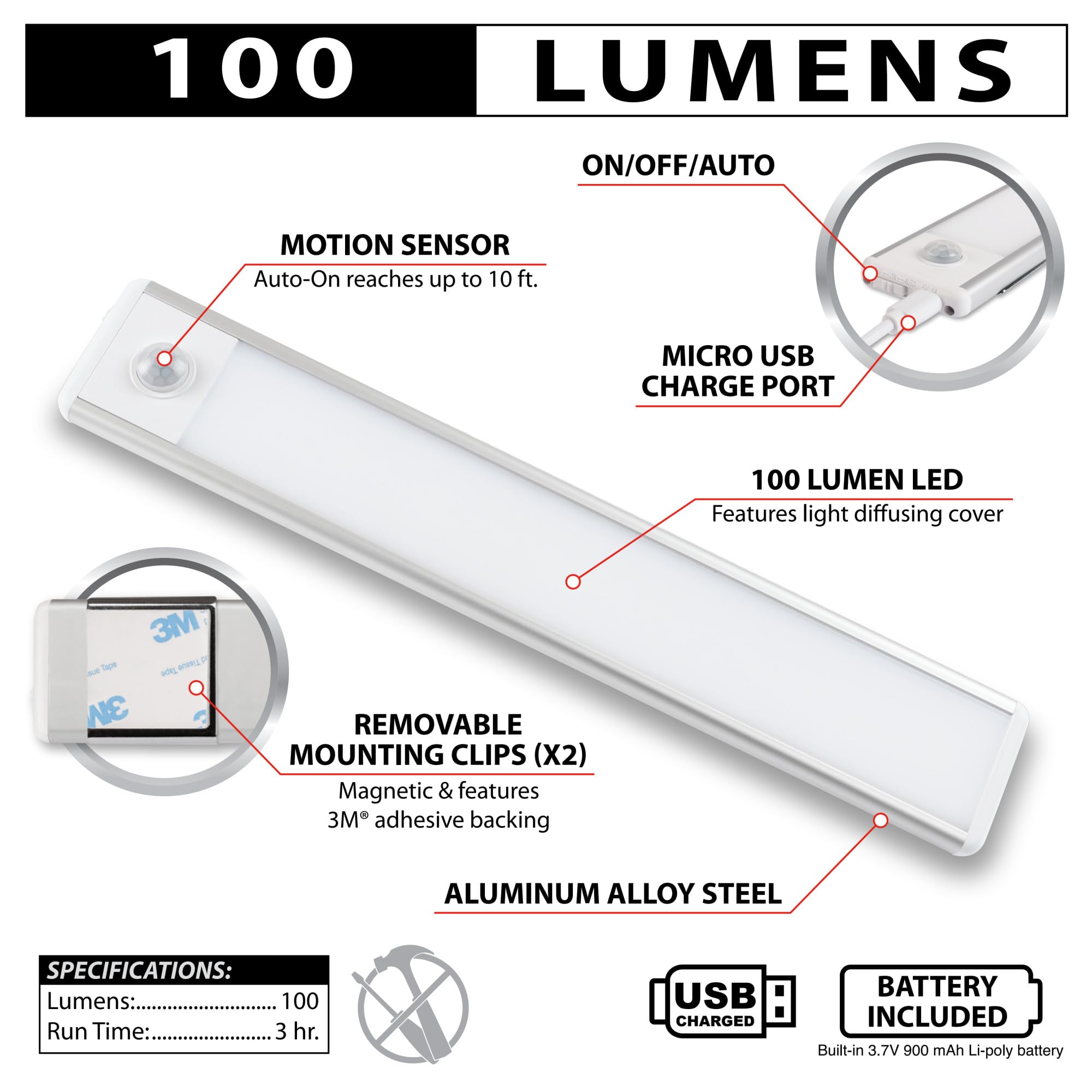 Motion Sensor Work Light Performance Tool 715 Professional Grade with Rechargeable Battery and Multiple Output Settings for Maximum Illumination