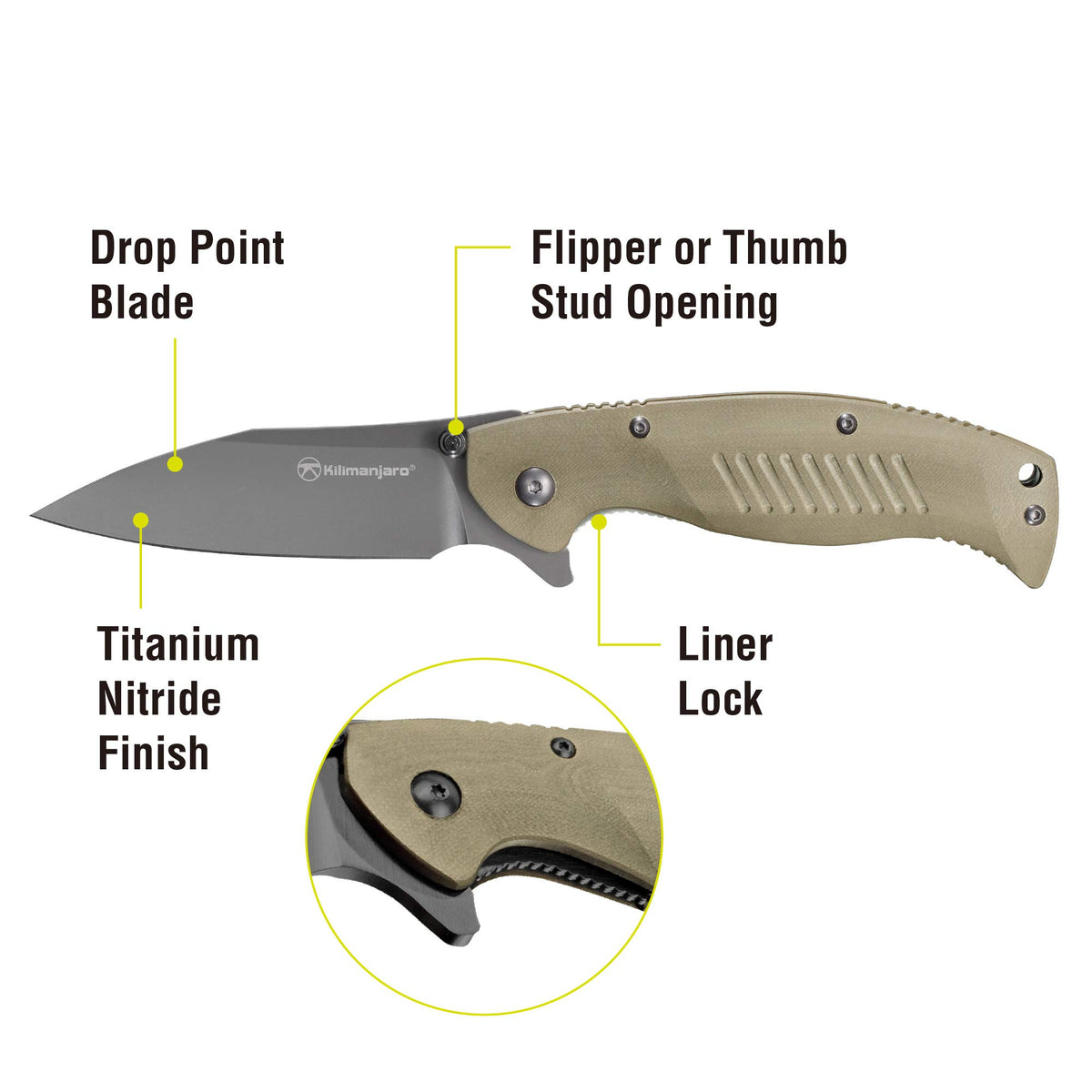 Morsa Kilimanjaro Folding Knife, 3.5-Inch 8Cr13MoV Stainless Steel Blade with Titanium Nitride Coating, G10 Handle, Flipper Opening with Dual Thumb Stud and Liner Lock – 910028