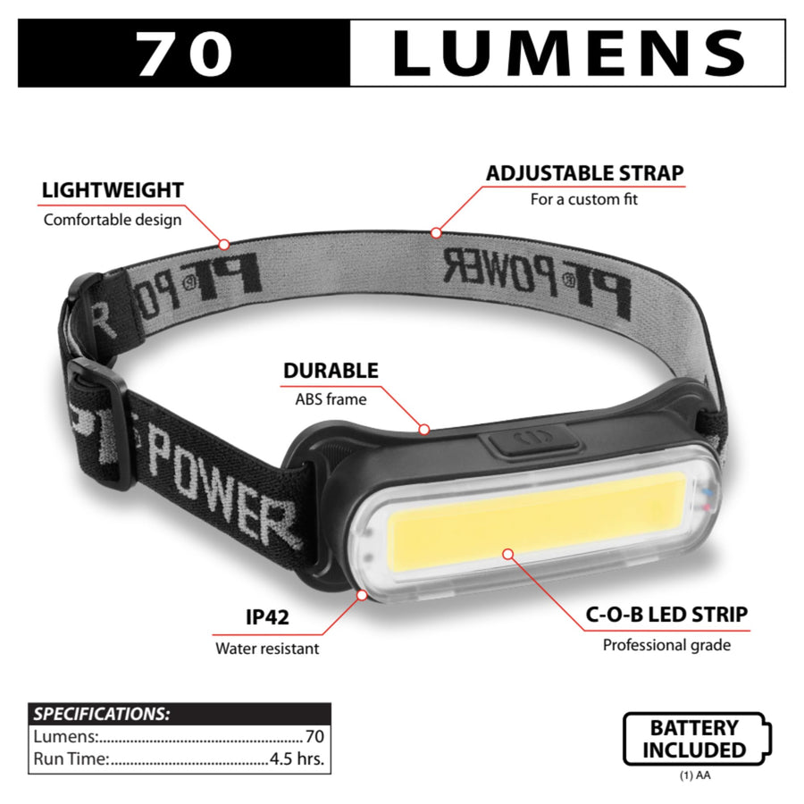 Firepoint Performance Tool W2691 70LM AA Headlamp - Adjustable Elastic Strap, COB LED Strip, Water-Resistant, Black