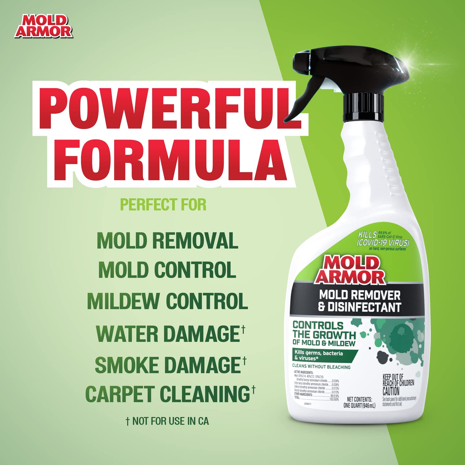Mold Remover & Disinfectant Cleaner Mold Armor, 32 oz. Spray Bottle, Inhibits Growth of Mold, Kills 99.9% of Household Bacteria and Viruses, Easy-To-Use Mildew and Mold Control Solution