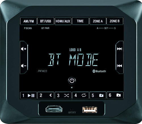 Jensen 2-Speaker JWM22 Zones AM/FM|BT|HDMI|AUX Cube Wall Mount Stereo, Speaker Output 4X 6 Watt, 30 Station Presets (18FM/12AM), Receives Bluetooth Audio (A2DP) and Controls (AVRCP) from Devices
