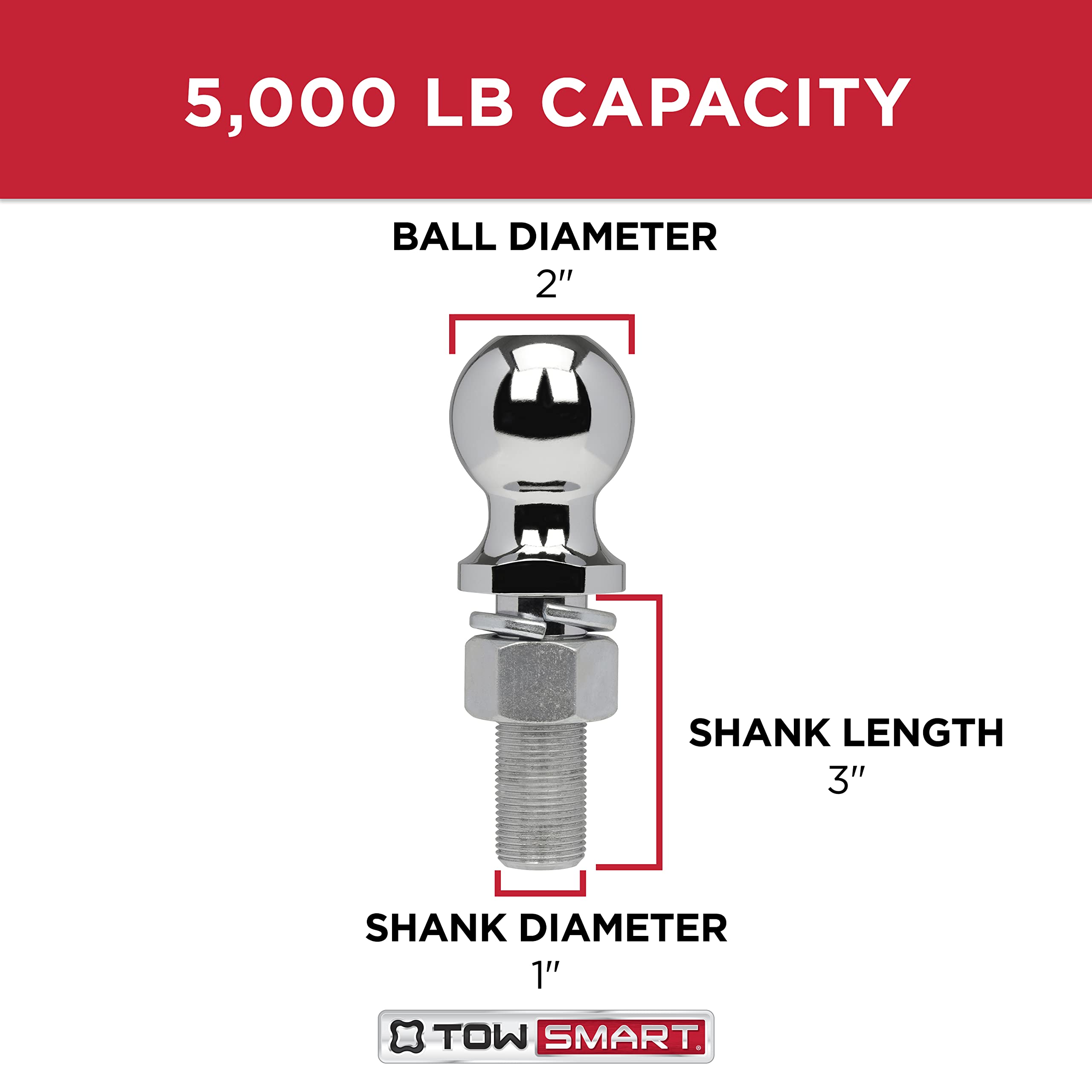 Class III TOWSMART Chrome Trailer Hitch Ball, 5,000 lb., 2 in. Ball Diameter, 1 in. x 3 in. Shank