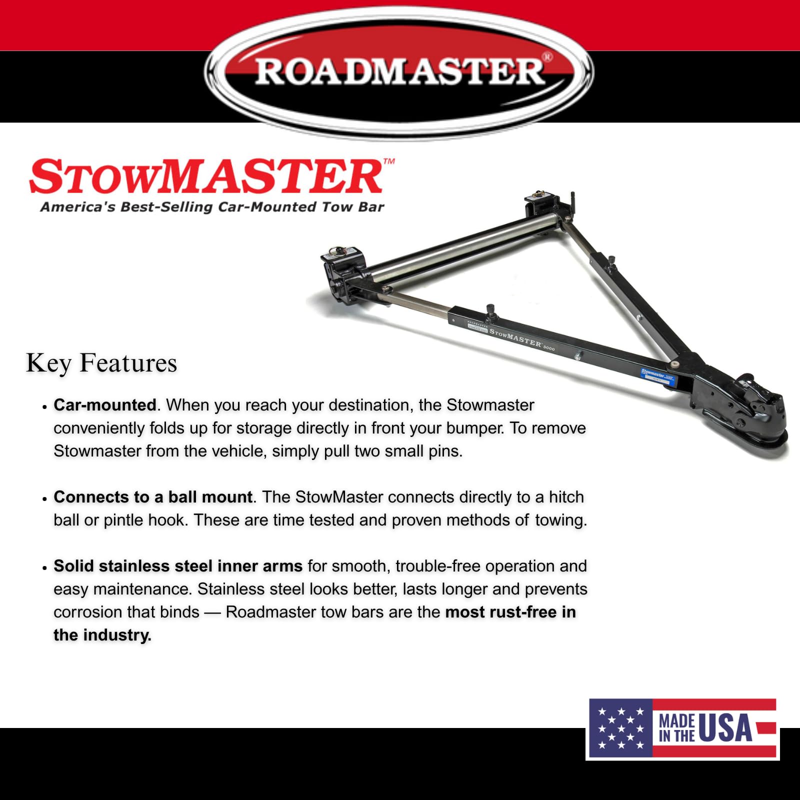 Stowmaster Roadmaster 501 Tow Bar with 2" Coupler fits Baseplates | Hauls Up to 6,000 lbs | Large Hook-Up Radius | Powder-Coated Finish | Self-lubricating Bushings