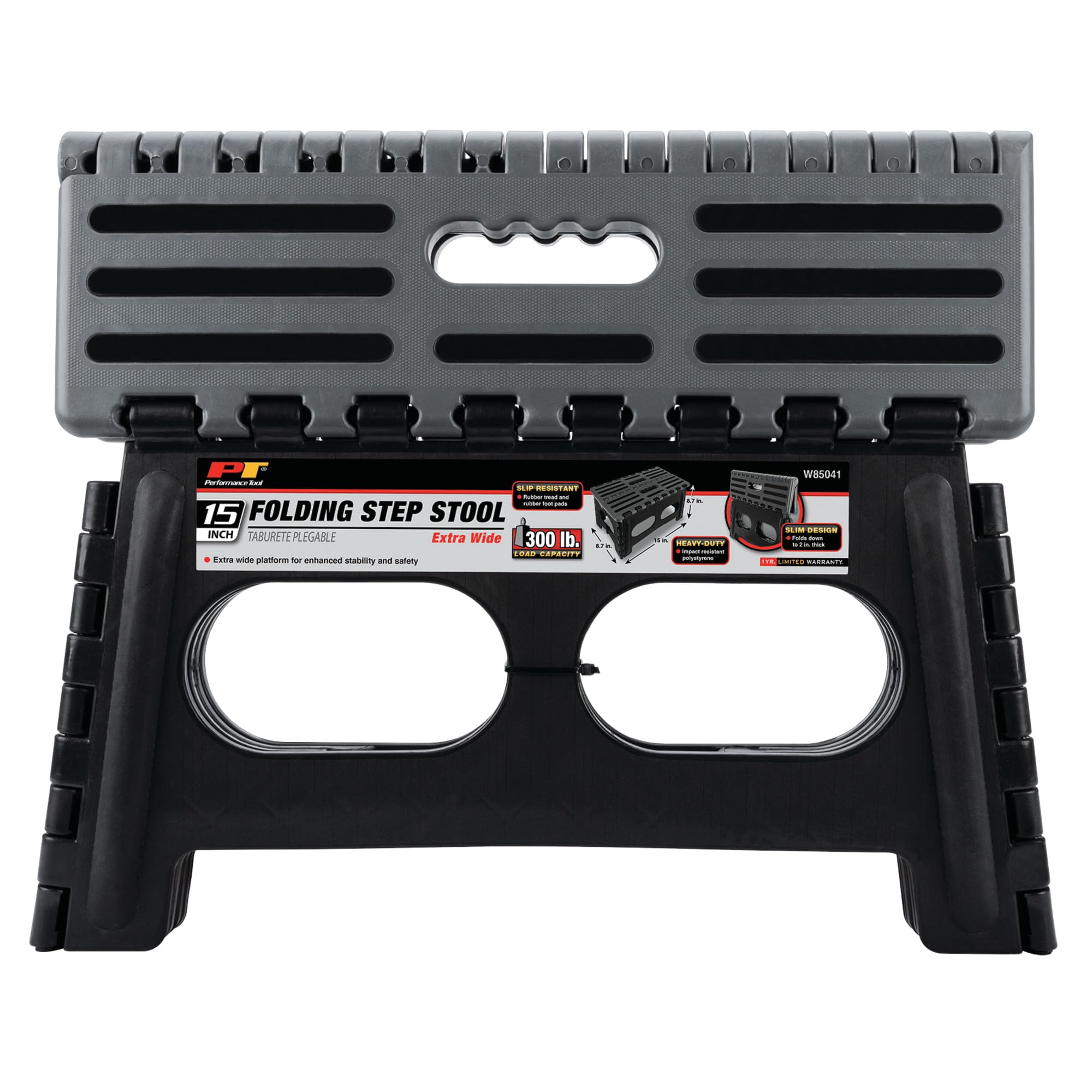 Heavy Duty Performance Tool W85041 Folding Step Stool with Non-Skid Platform, 15-inch Wide, 300 lb. Capacity, Easy to Store and Clean