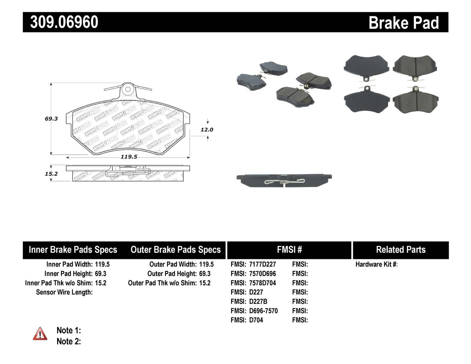 Sport Brake Pads StopTech 309.06960 with Shims and Hardware
