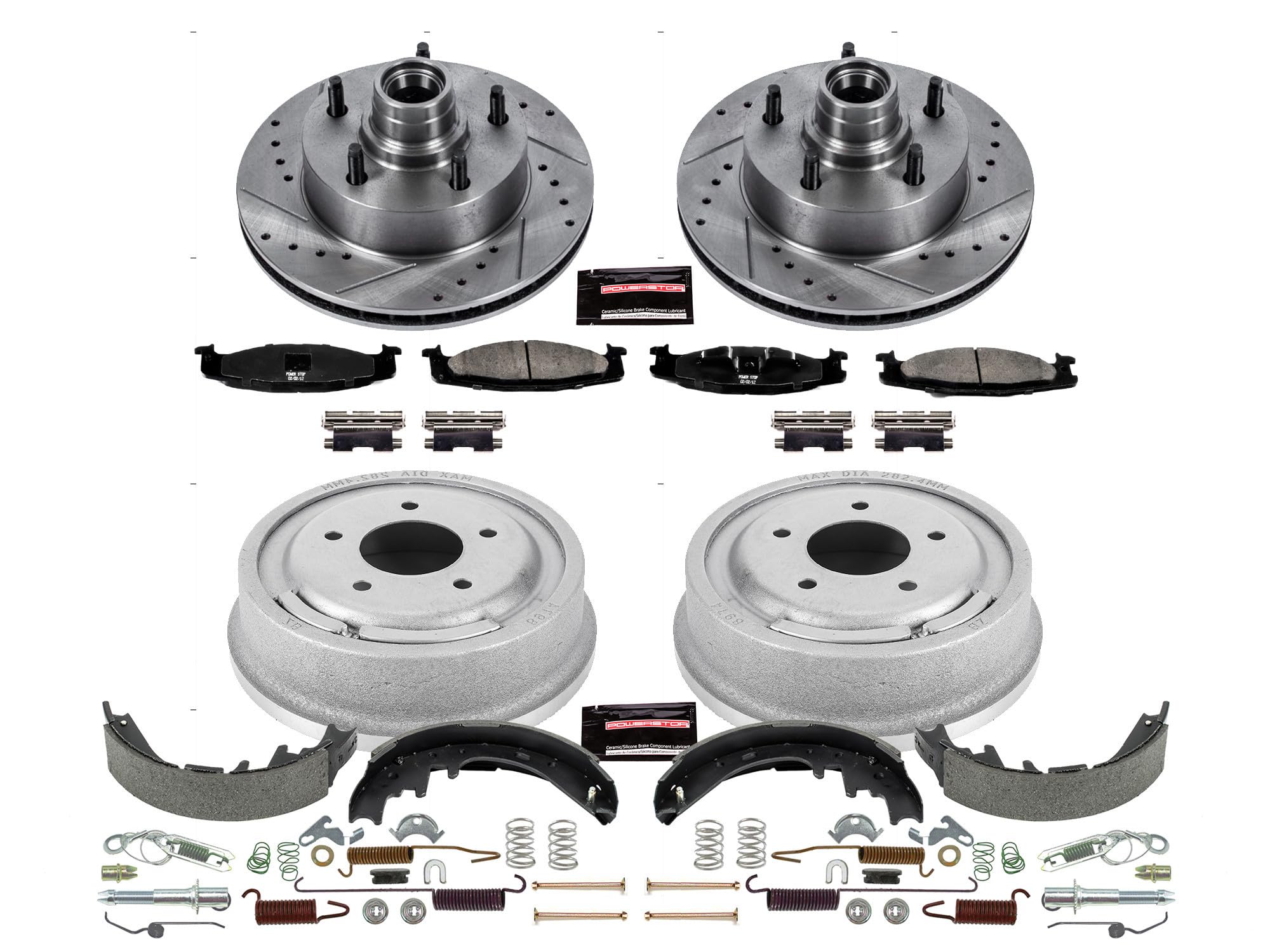 Power Stop K15171DK Z23 Carbon Fiber Brake Pads Front and Rear with Drilled & Slotted Brake Drums Kit For Ford E-150 Econoline 1997-1999 [Model Specific]