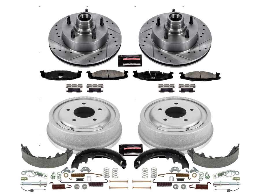 Power Stop K15171DK Z23 Carbon Fiber Brake Pads Front and Rear with Drilled & Slotted Brake Drums Kit For Ford E-150 Econoline 1997-1999 [Model Specific]