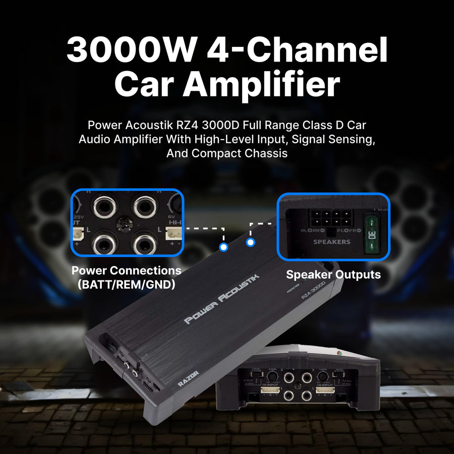 Razor Series Power Acoustik RZ4 3000D Class D Full-Range & Monoblock Amp 4 Channels, 3,000 Watts Max