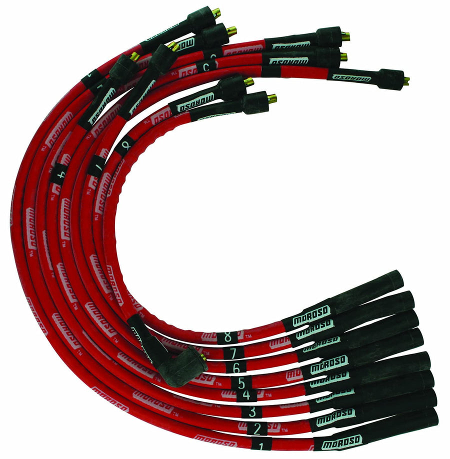 Moroso Ultra Series Red Sleeved Spark Plug Wires, Mopar Chrysler 273/318/340/360, Straight Ends Plug, Straight Distributor
