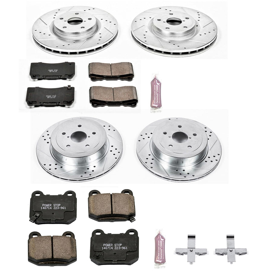 Power Stop K2896 Z23 Carbon Fiber Brake Pads Front and Rear with Drilled & Slotted Brake Rotors Kit For Subaru Impreza 2005-2007 [Model Specific]