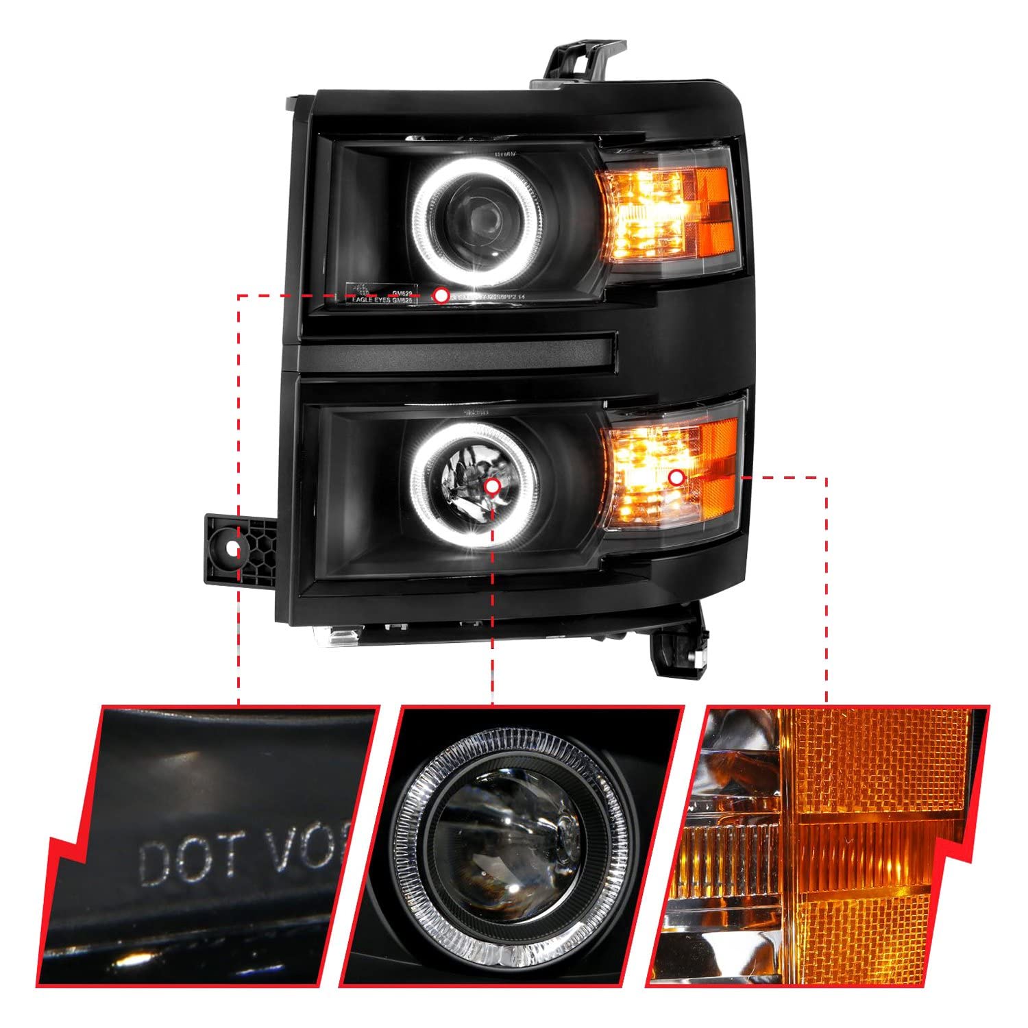 PROJECTOR CHEVY SILVERADO 14 -15 LED HALO HEADLIGHTS BLACK W/ BLACK TRIM