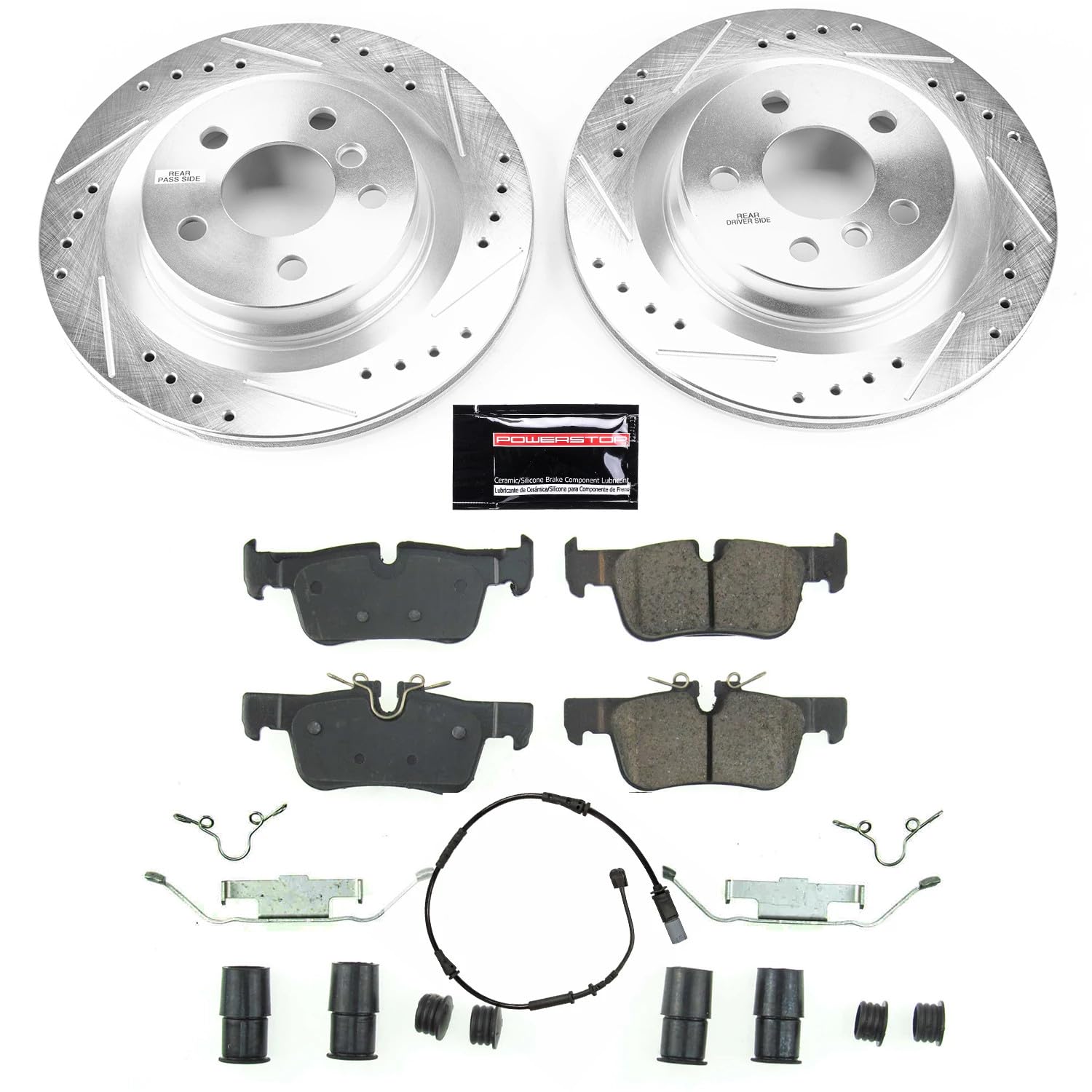 Power Stop K7899 Rear Brake Pads Z23 Carbon Fiber with Drilled & Slotted Brake Rotors Kit For BMW 228i Gran Coupe, 228i xDrive Gran Coupe, X1, X2, Cooper Clubman, Cooper Countryman [Model Specific]