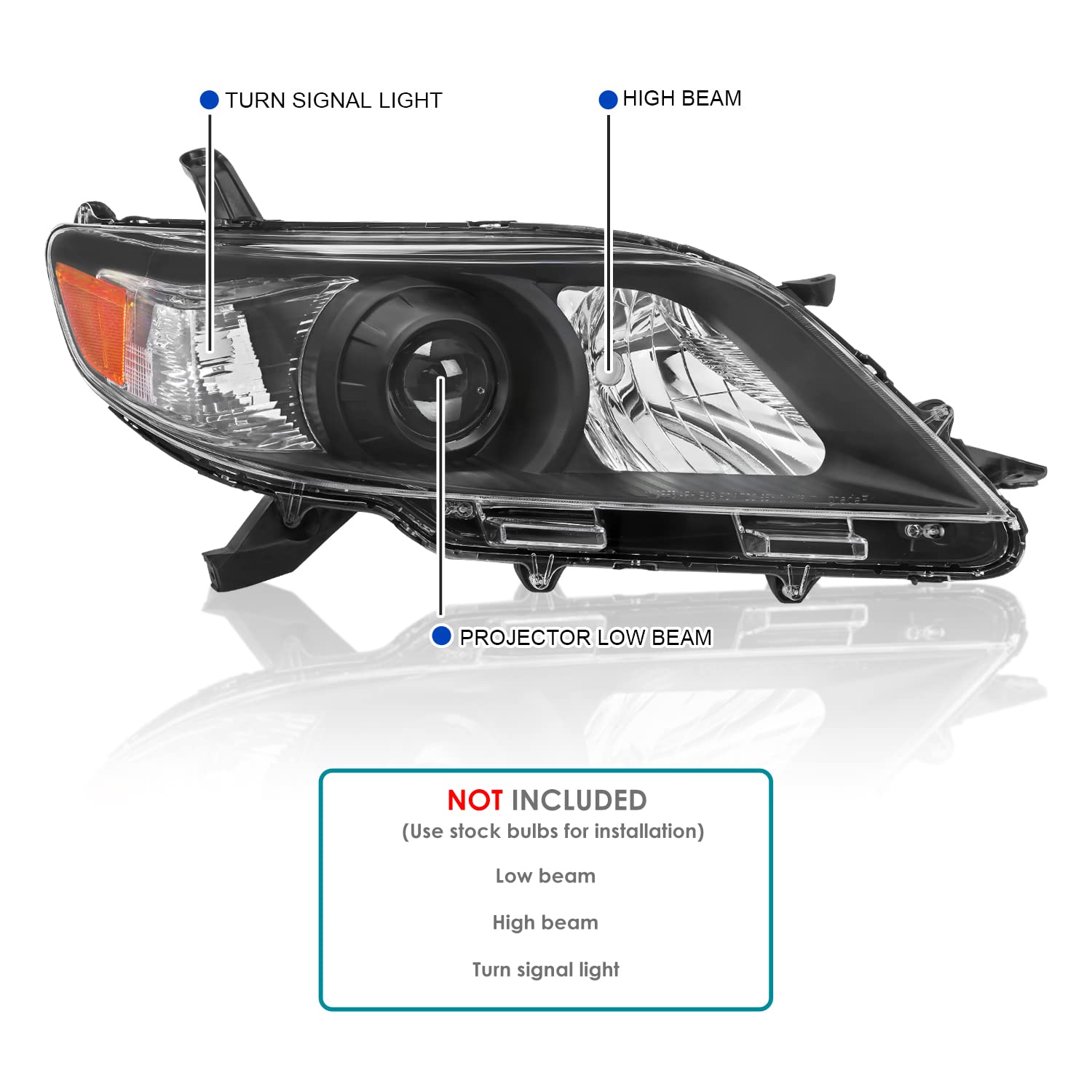 Black Projector Headlights SPEC-D TUNING Compatible with 2011-2020 Toyota Sienna, Left + Right Pair Headlamp Assembly