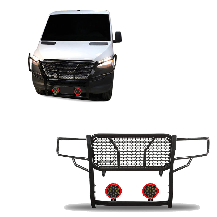 RUGGED HD Black Horse Grille Brush Bumper Guard Modular Black Come With pair of 7.0"LED Lights Compatible with 2007-2009 Dodge sprinter 2500/3500|07-16 Freightliner sprinter 2500/3500-RU-DOSP07-B-PLR