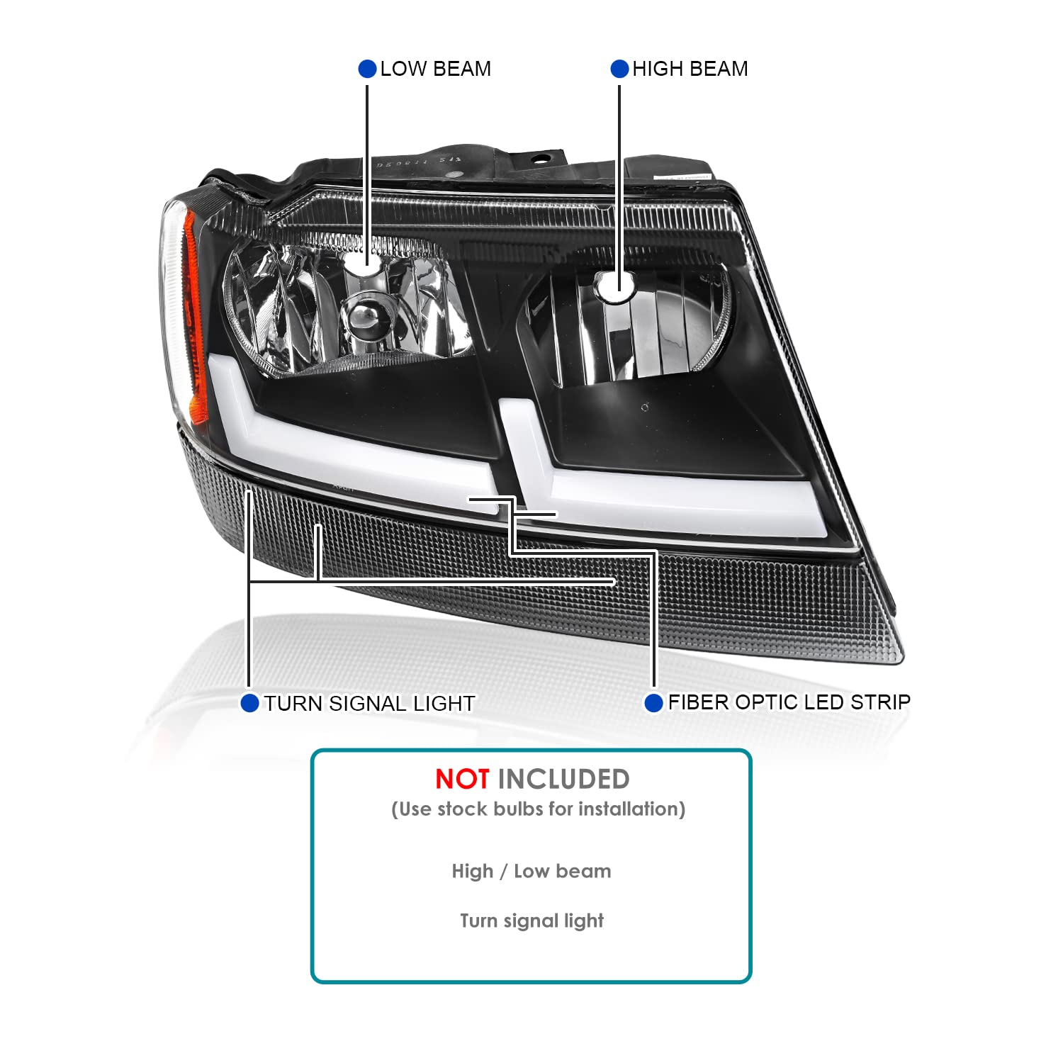 Black Headlights with Fiber Optic LED Strips SPEC-D TUNING Compatible with 1999-2004 Jeep Grand Cherokee, Left + Right Pair Headlamp Assembly