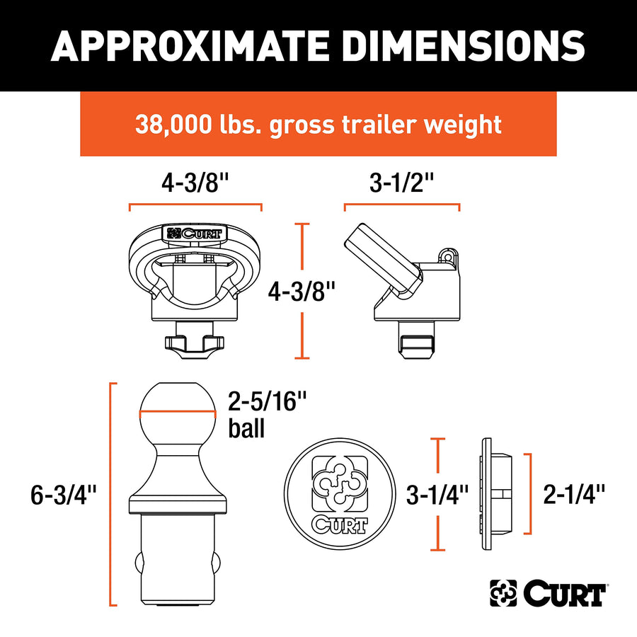 CURT 60638 Gooseneck Hitch Kit OEM Puck System, Fits Select Ram Trucks, 38,000 lbs. GTW, 2-5/16-Inch Ball, Pucks Required, Chrome Powder Coat