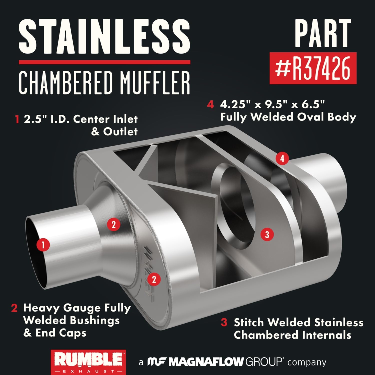Exhaust Rumble Chambered Performance Muffler R37426: Center/Center, 2.5" / 2.5" Inlet/Outlet, 4.25 x 9.5 x 6.5 Oval, Stainless Steel, Classic American Muscle Sound