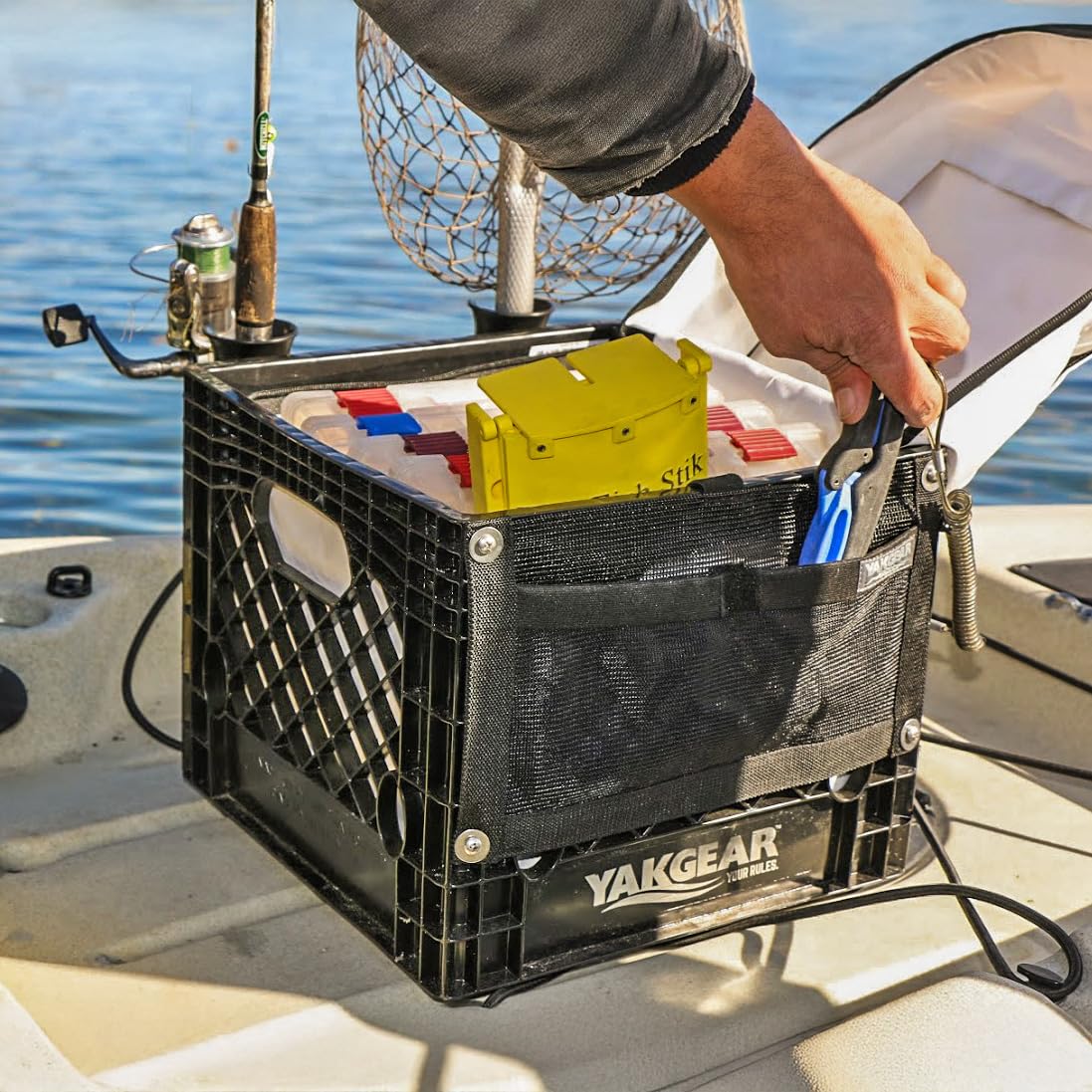 Kayak Angler Kit Crate – Basic YakGear | Complete Kayak Fishing Storage System with Double Rod Holder, Accessory Pouch, Anchor Kit, Utility Leashes & Heavy-Duty Milk Crate